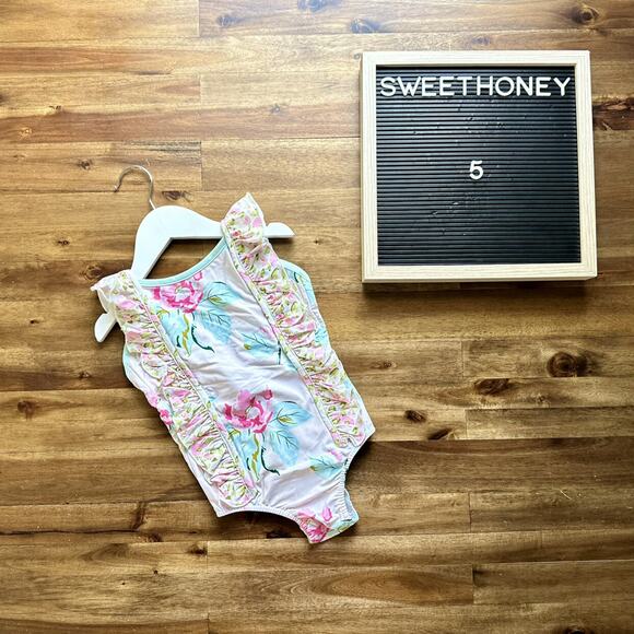 NWT SweetHoney Moxie One Piece Swimsuit Palest Pink Floral Ruffle Preppy 5 - Picture 1 of 6